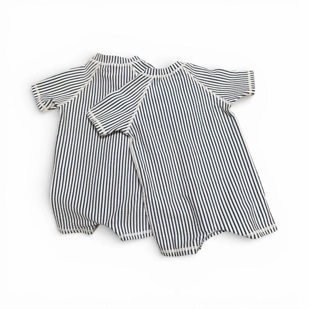 Rugged Butts Zip Front Seersucker Blue & White Striped Kids Swim Romper. 6-12mo.